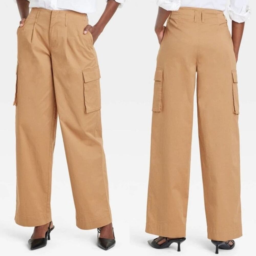 NWT A New Day High Rise Pleated Wide Leg Cargo Pants‎ Twill Tan Women's Size 2